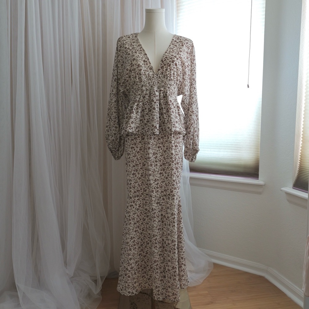Lena Brown and White Floral Maxi Dress